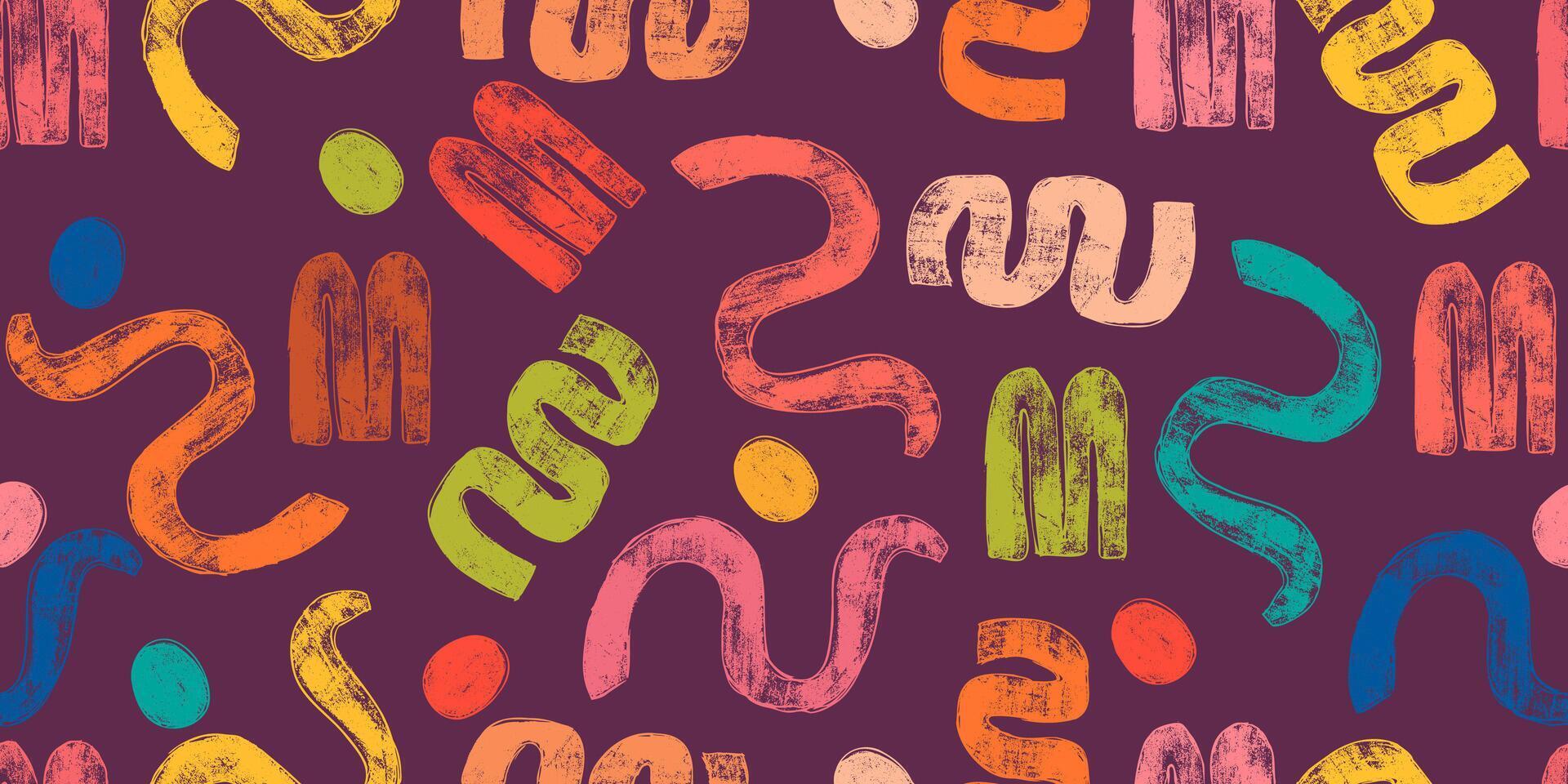 Colorful Seamless Pattern with Naive Abstract Grunge Geometric Shapes. Playful background with retro geometric figures vector
