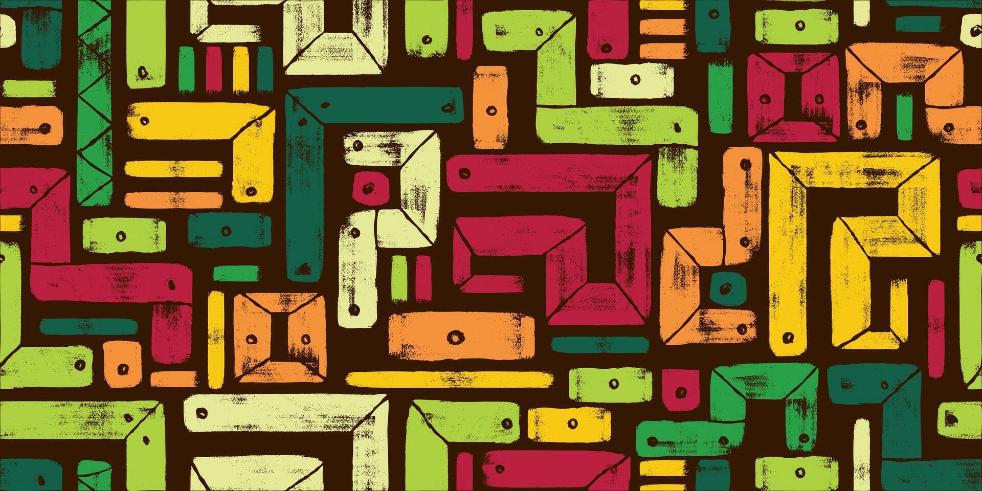 Grunge Abstract Geometric Shapes with Earthy Colors in Retro Style Drawn with Bold Brush Strokes. Vibrant geometric doodles black background. Playful and modern design drawn with thick lines vector