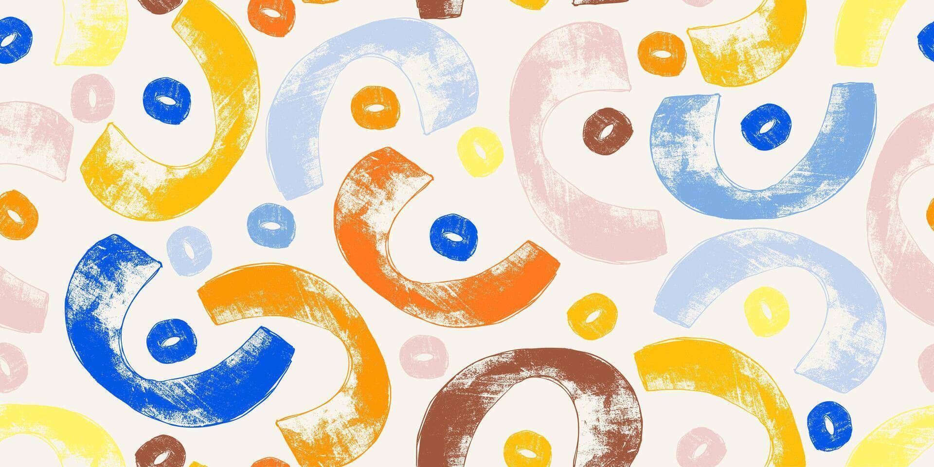 Geometric Seamless Pattern with Colorful Naive Abstract Shapes with Grunge Texture. Playful hand drawn contemporary brushstrokes figures vector