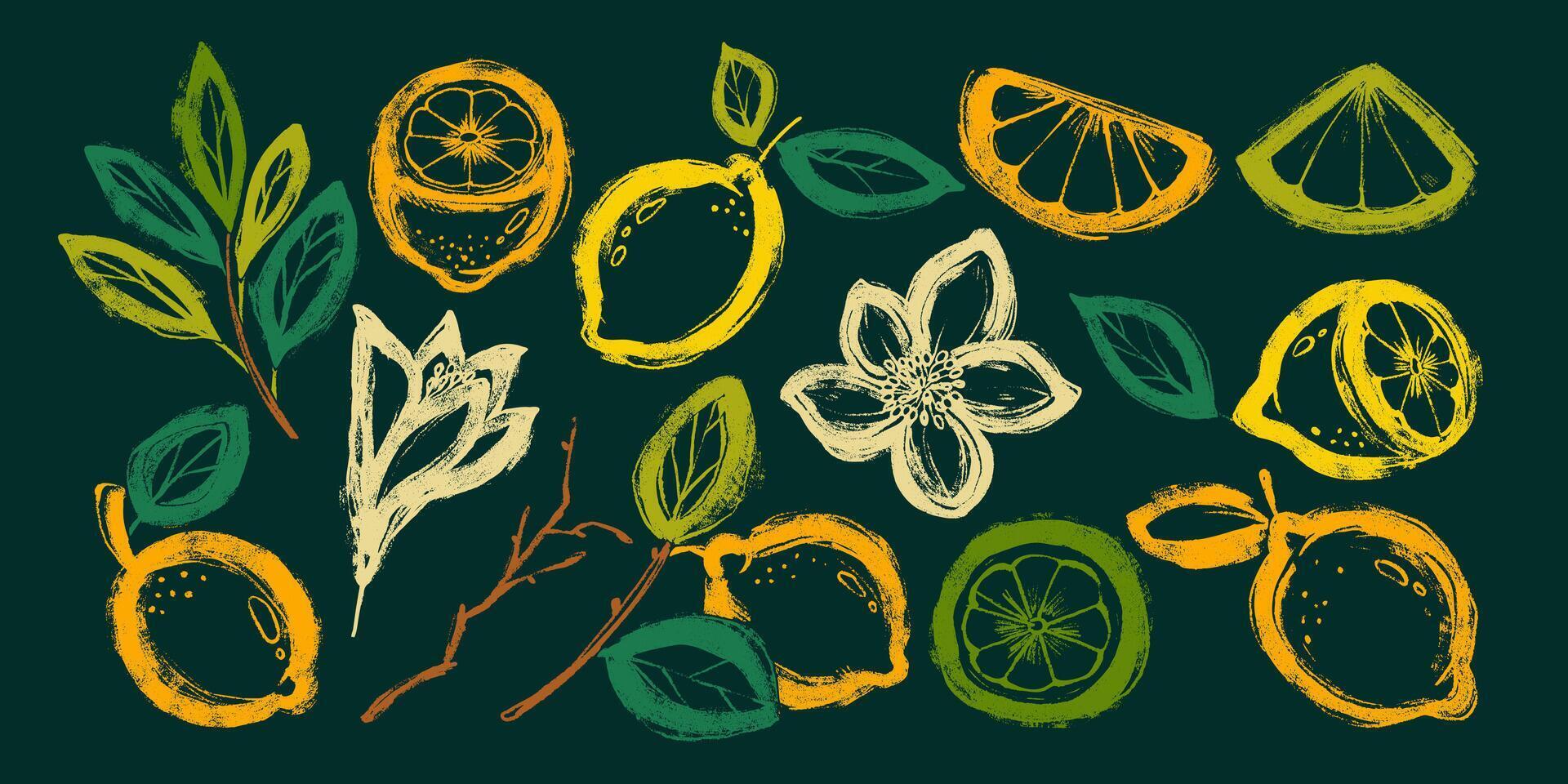 Set of Hand Drawn Delicious Lemons. Colorful grunge abstract lemon collection with bold outline and texture. Clipart juicy food in doodle style vector