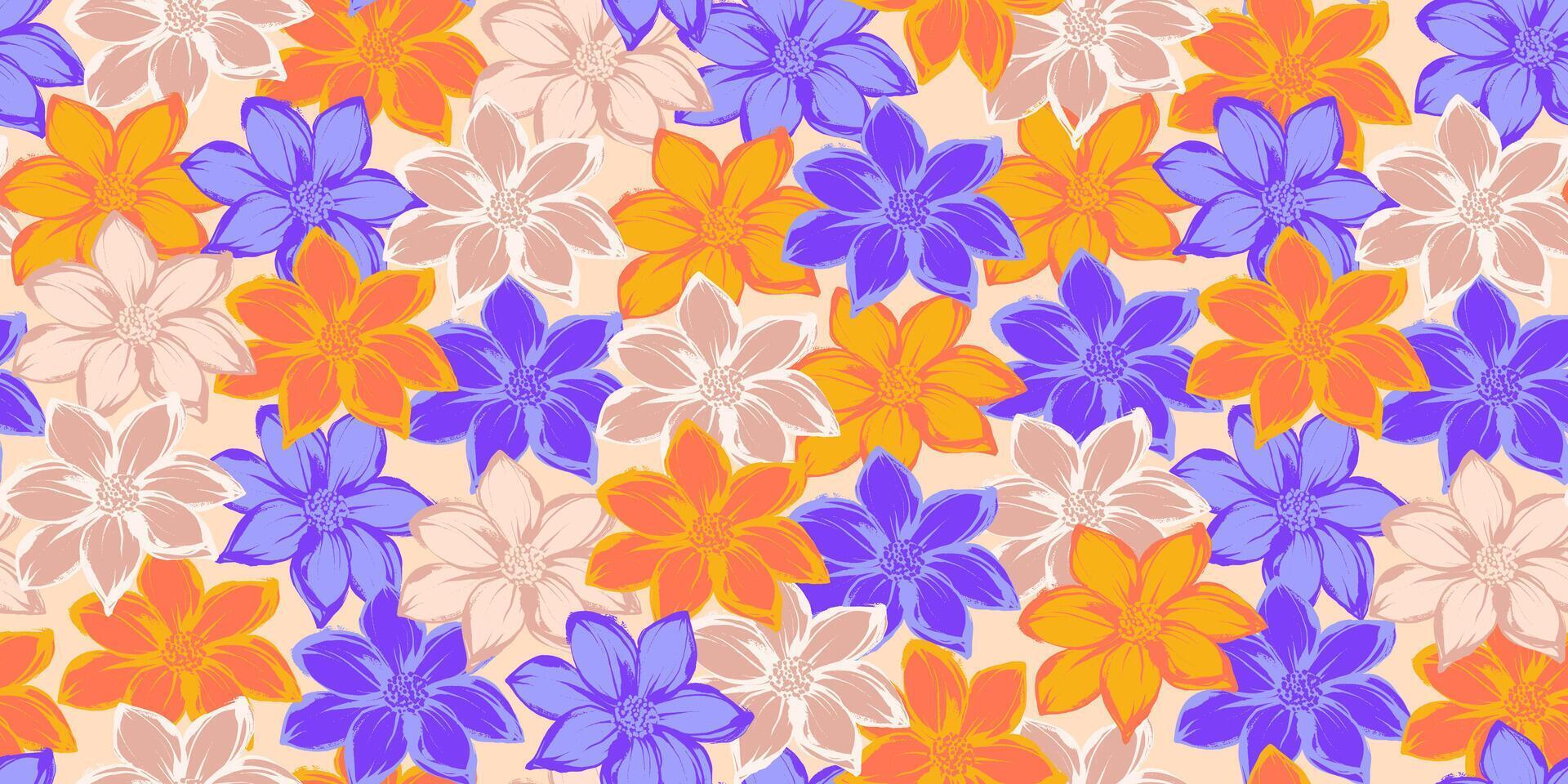 Colorful Flower Seamless Pattern with Elegant Hand Drawn Ink Herbs. Botanical hand painted plants with grunge texture vector