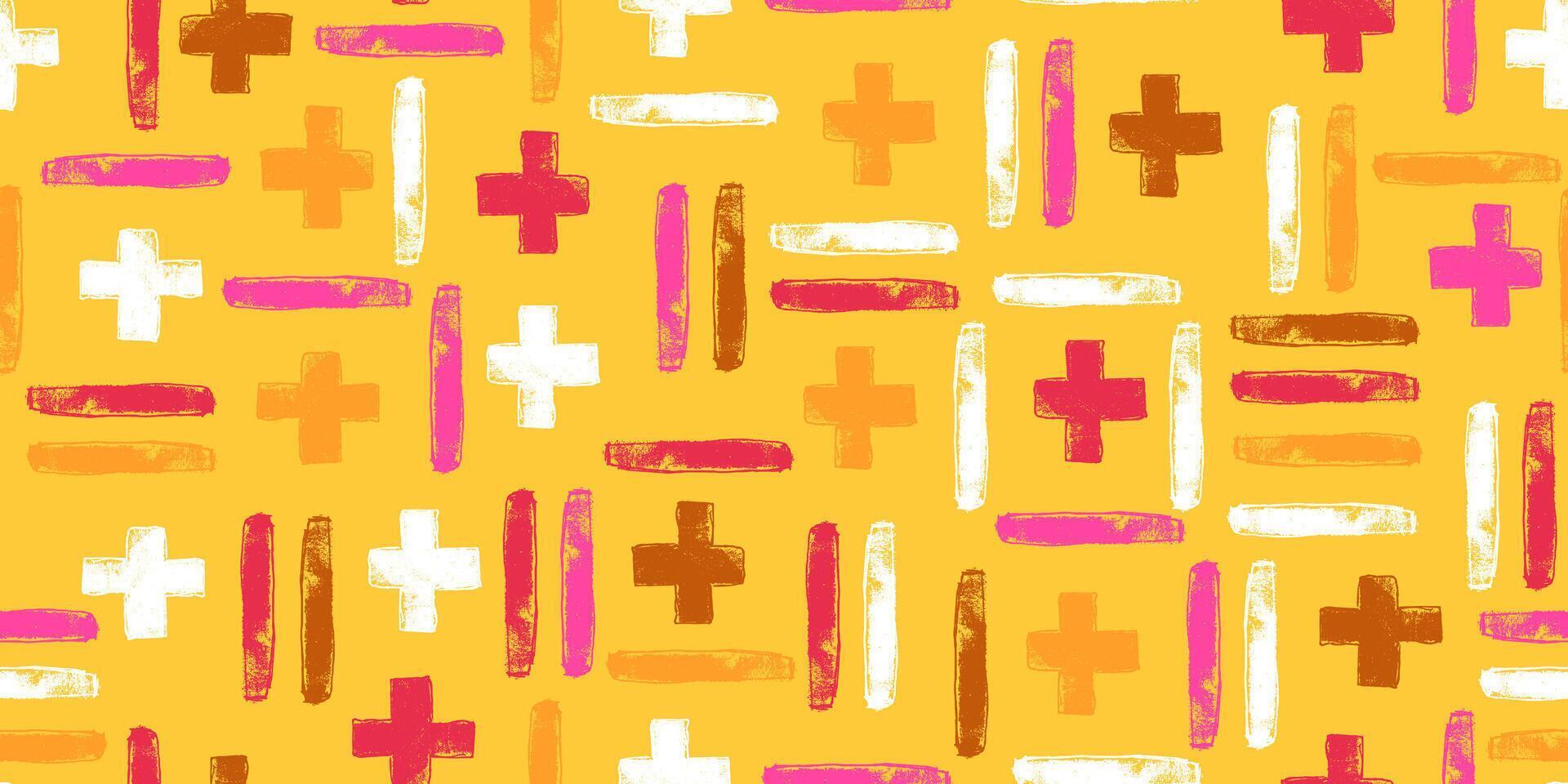 Plus, Minus and Equal Symbols Hand Drawn with Bold Brushstrokes Seamless Pattern. Education repeatable background with grunge ink abstract lines vector