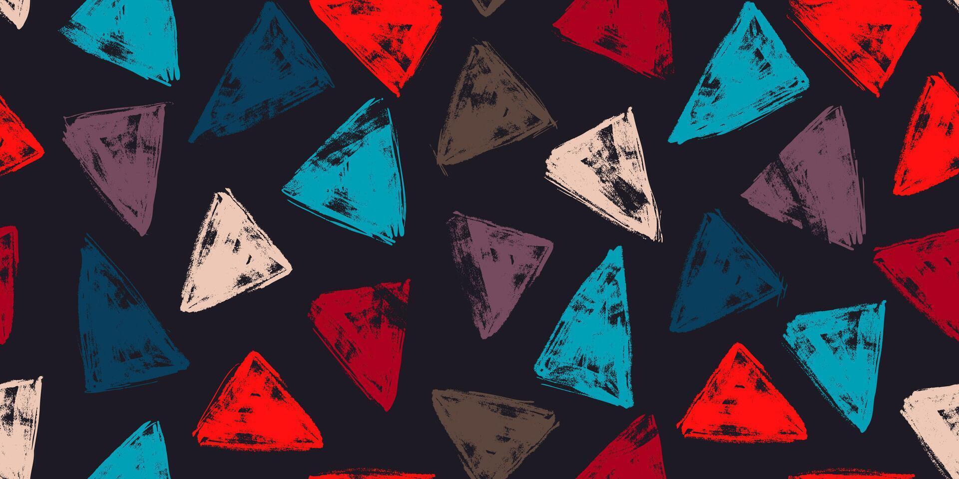 Beautiful Grunge Seamless Pattern filled with Random Colorful Triangles. Simple repeatable design with contemporary playful figures vector
