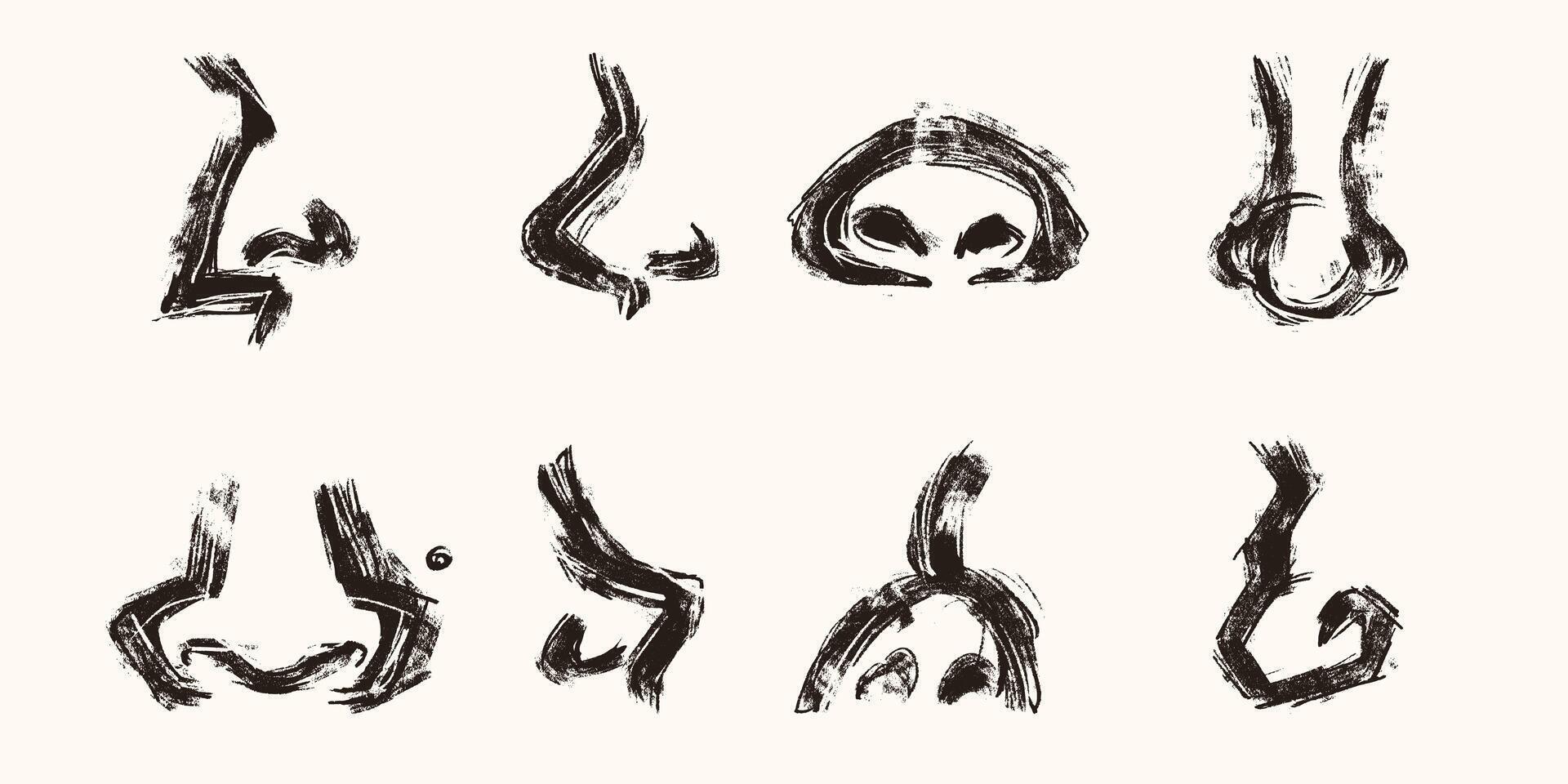 Hand Drawn Noses with Bulky Lines and Grunge Texture. Abstract and funny nose collection isolated on white background vector