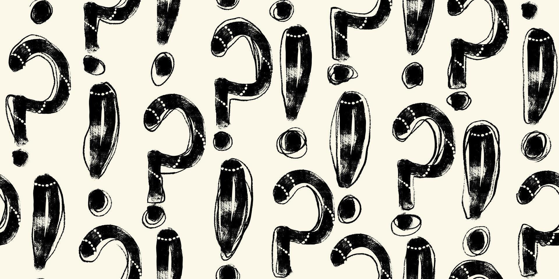 Black Grunge Question and Exclamation Marks Seamless Pattern. Hand drawn crayon doodle punctuation marks in repeatable background vector
