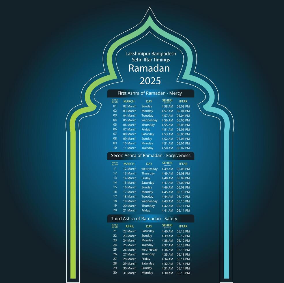 Bangladesh Ramadan 2025 Time table vector