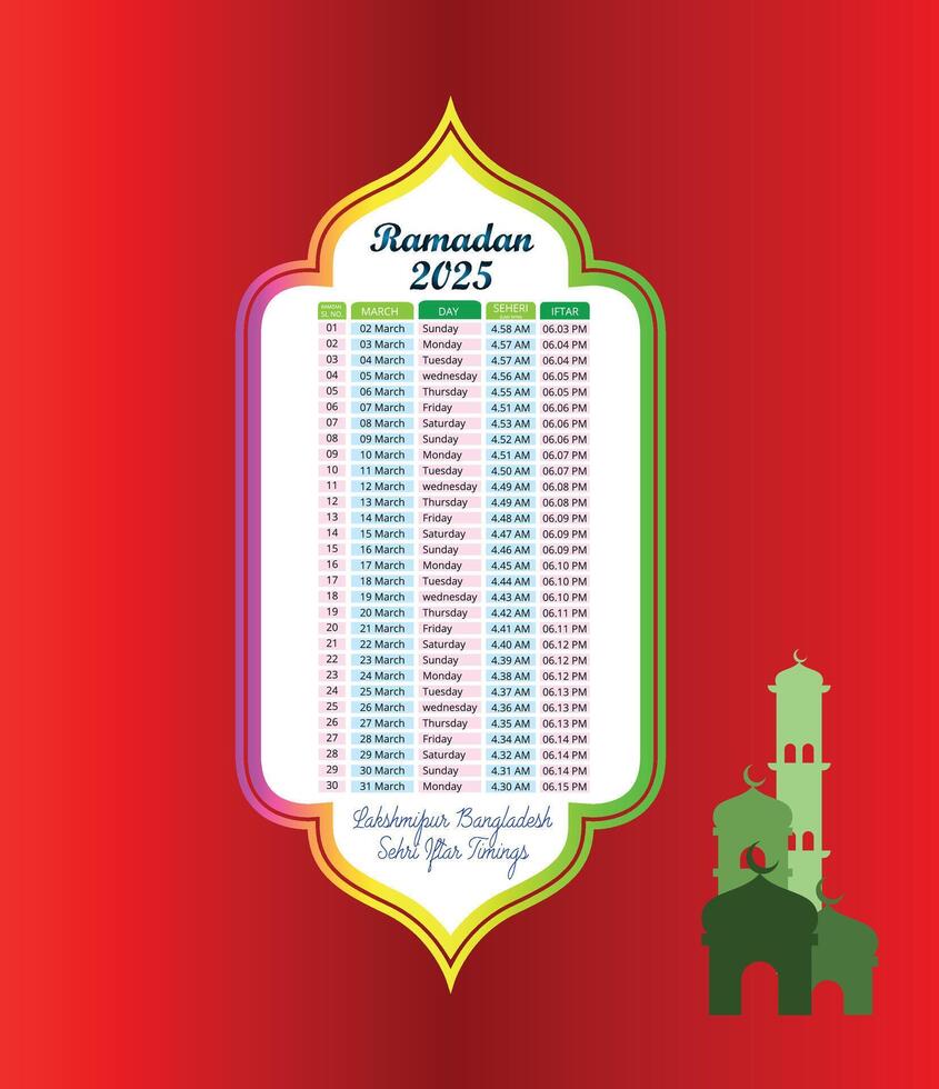 Ramadan Kareem Calendar Design 2025 Fasting Sehar and Iftar Timetable Schedule vector