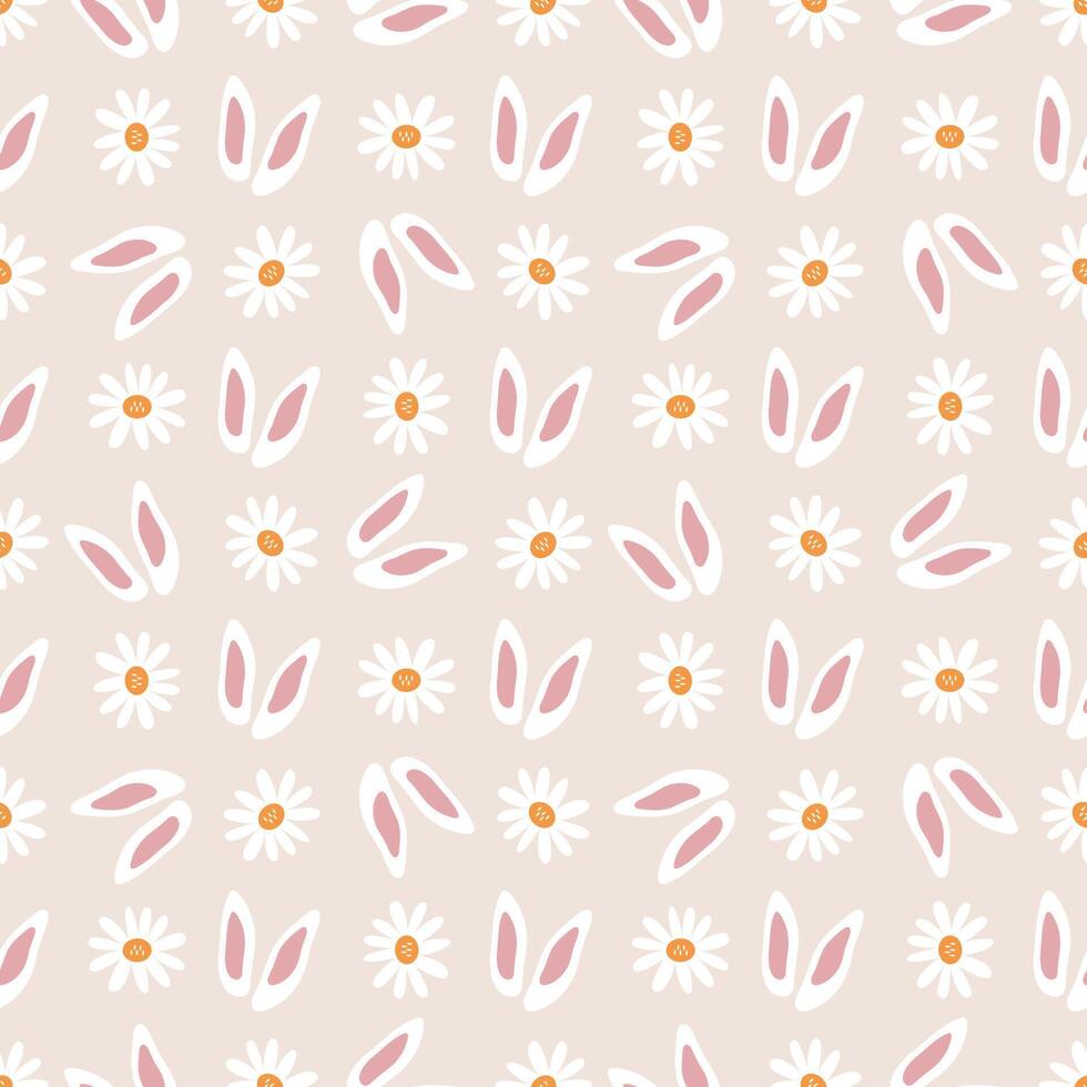 Seamless pattern on a delicate pastel background with rabbit ears and chamomile flowers. Textiles for girls, children clothing, fabric, wrapping paper, wallpaper. Minimalistic style. vector