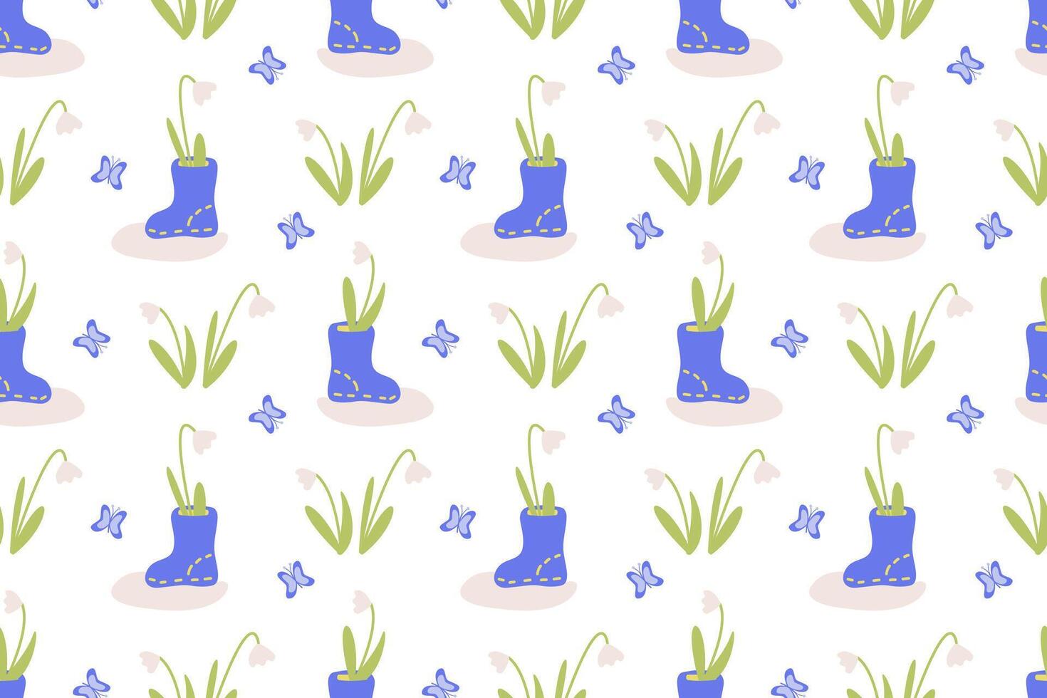 Seamless spring pattern with the first flowers of snowdrops and rubber boots, melting snow. A delicate background symbolizing the beginning of spring. vector