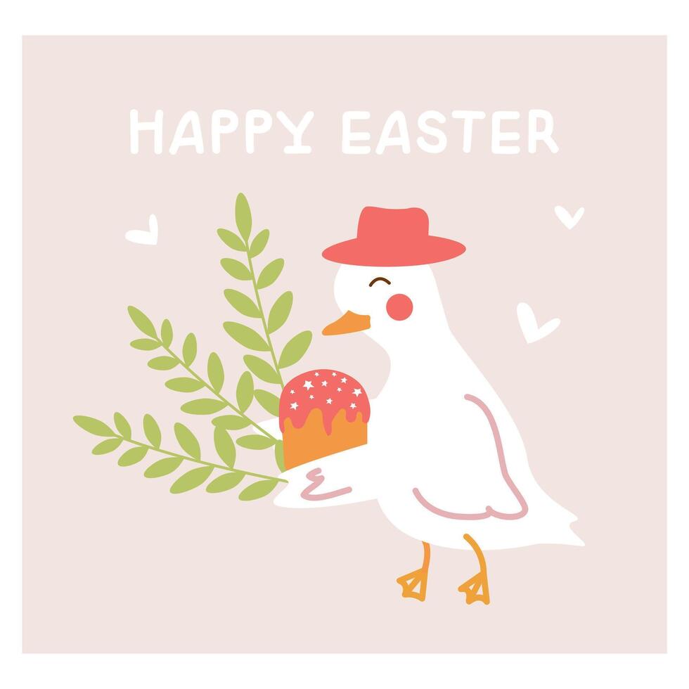 Easter illustration with a cute goose character carrying a gift for the holiday, a cake with icing and spring green twigs of plants. A set of elements for the design of banners and postcards vector