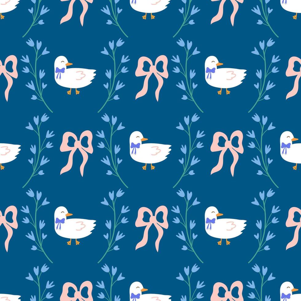 Cute seamless pattern with goose, floral pattern and bow, on a blue background. Poultry, rustic pattern. For wallpaper, fabric, packaging. vector
