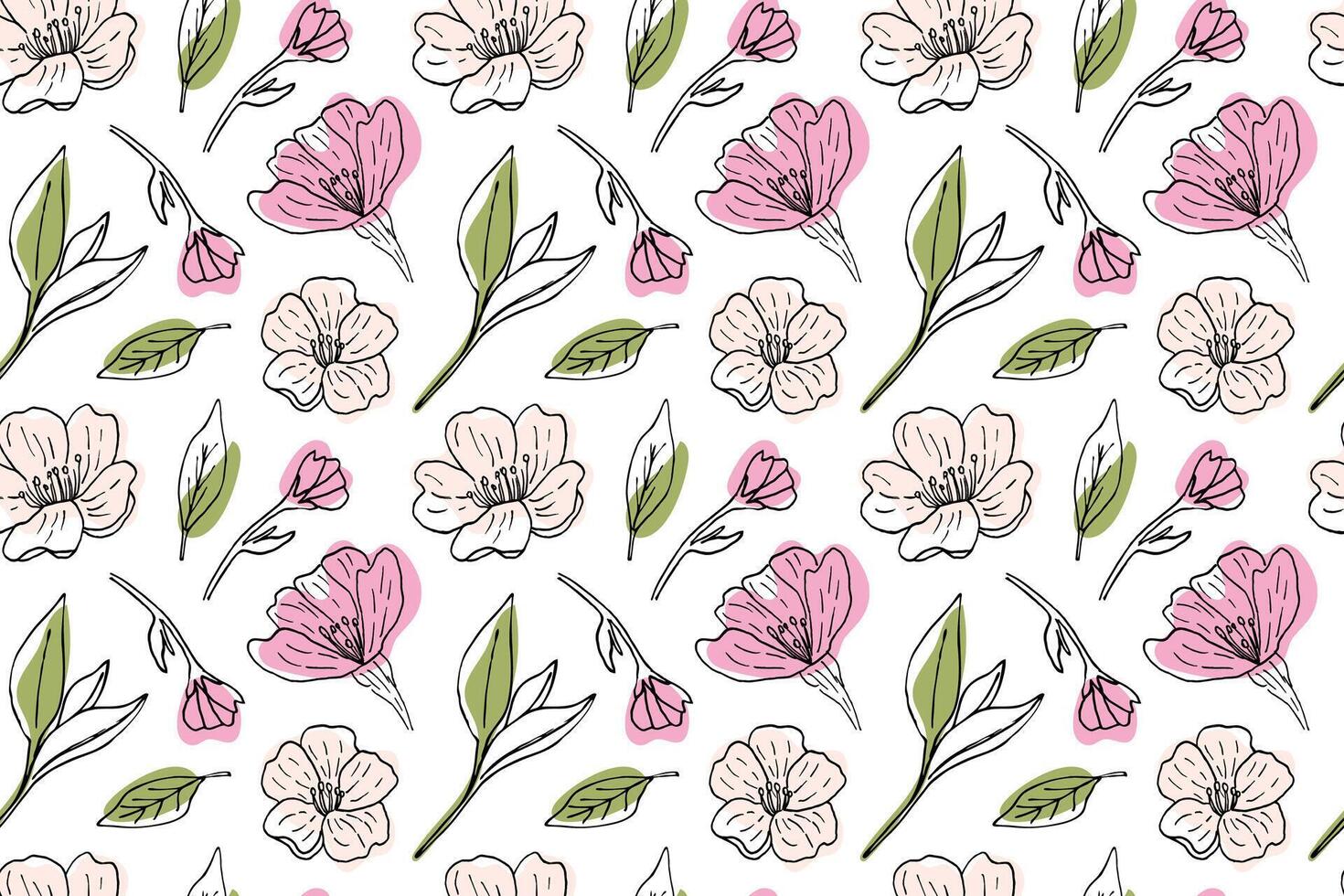 Seamless pattern with cherry blossoms, Japanese cherry blossoms. Delicate pink buds and leaves, hand-drawn pattern. Spring - summer ornament for fabric, wallpaper, clothes. Sketch illustration. vector