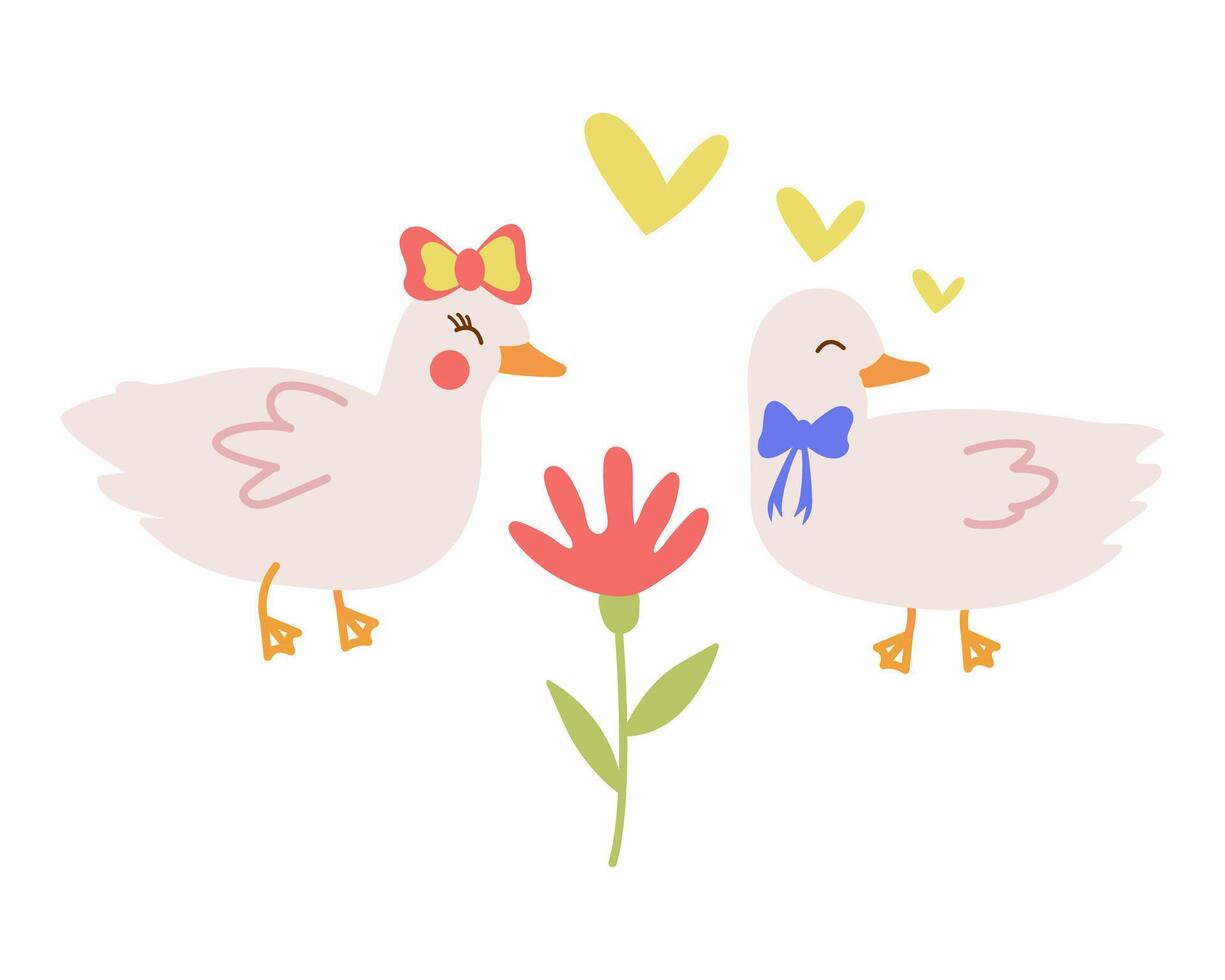 illustration with cute characters, pet ducks on a date, hearts, doodle-style flowers. Funny print for lovers, greeting card decoration. vector