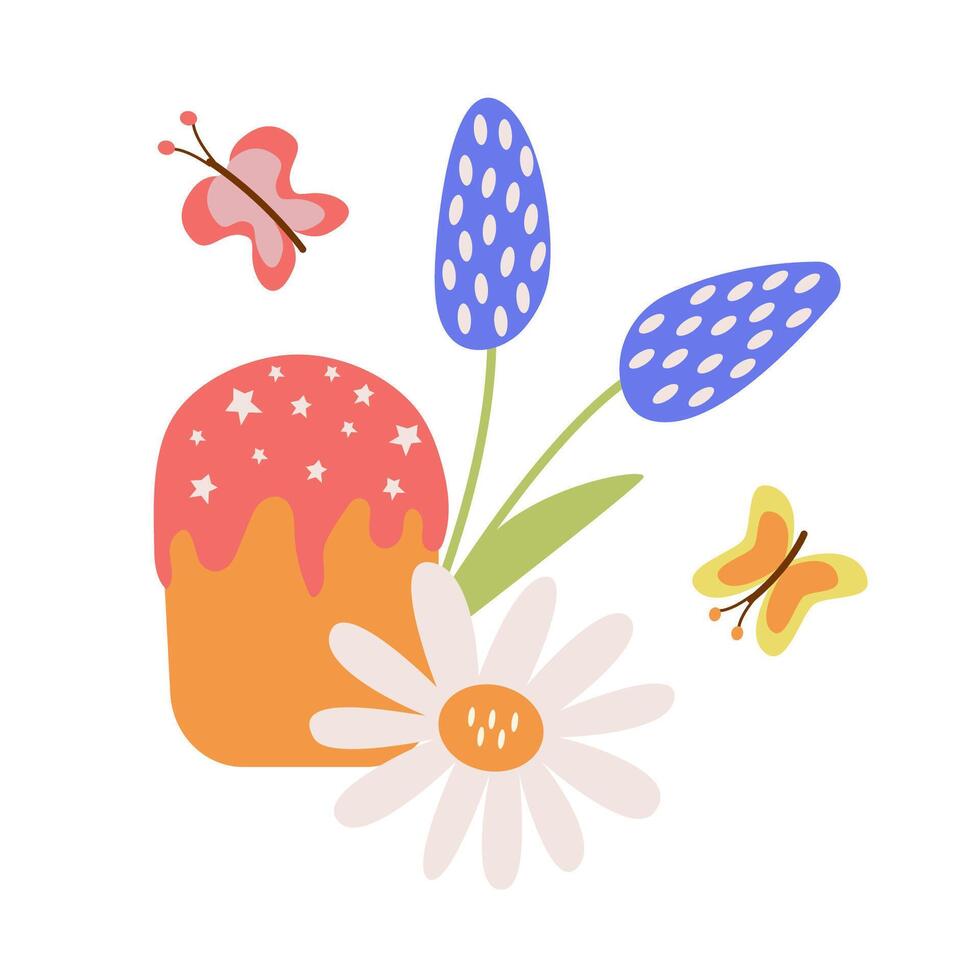 Happy Easter clipart with cake, flowers and butterflies. A festive composition for the design of postcards, prints, banners. vector