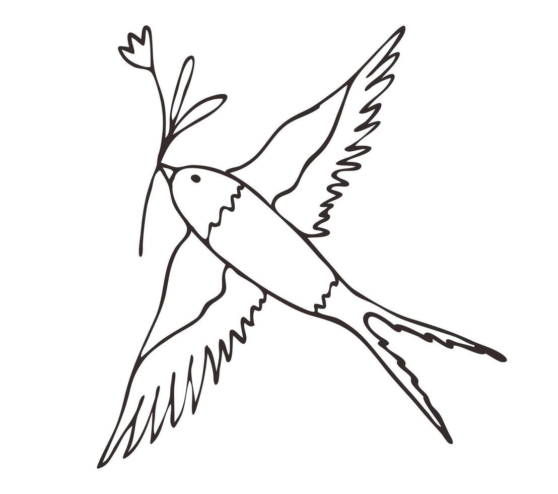 The first spring bird is a swallow in flight with a flower. contour illustration made by hand. The symbol of spring, the icon, the logo. vector