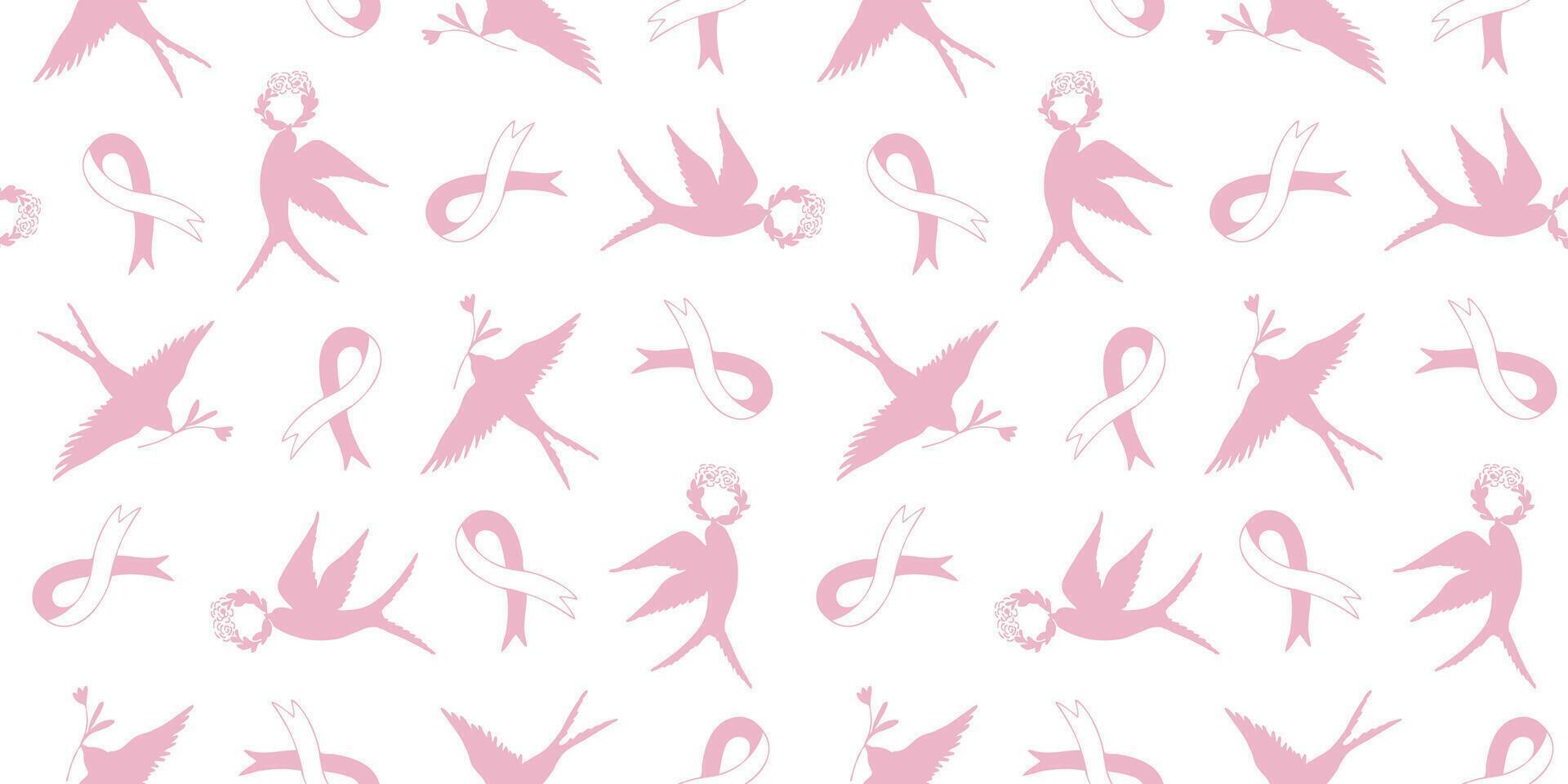 Seamless pattern with silhouettes of a spring swallow bird. Birds with spring flowers and wreaths, on the background of a breast cancer awareness ribbon. A conceptual pattern. Background design. vector