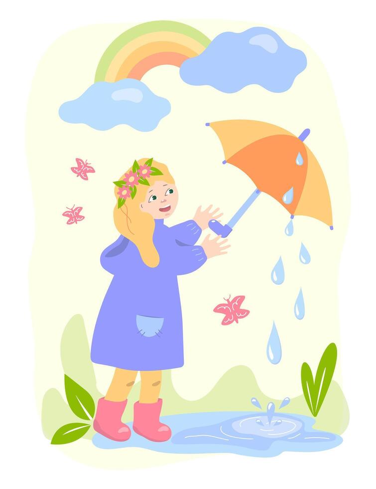 A cute little girl with a flower wreath in her hair and an umbrella happily welcomes spring. The rain has stopped, the rainbow has peeked out, the first butterflies are flying, the grass is growing. vector