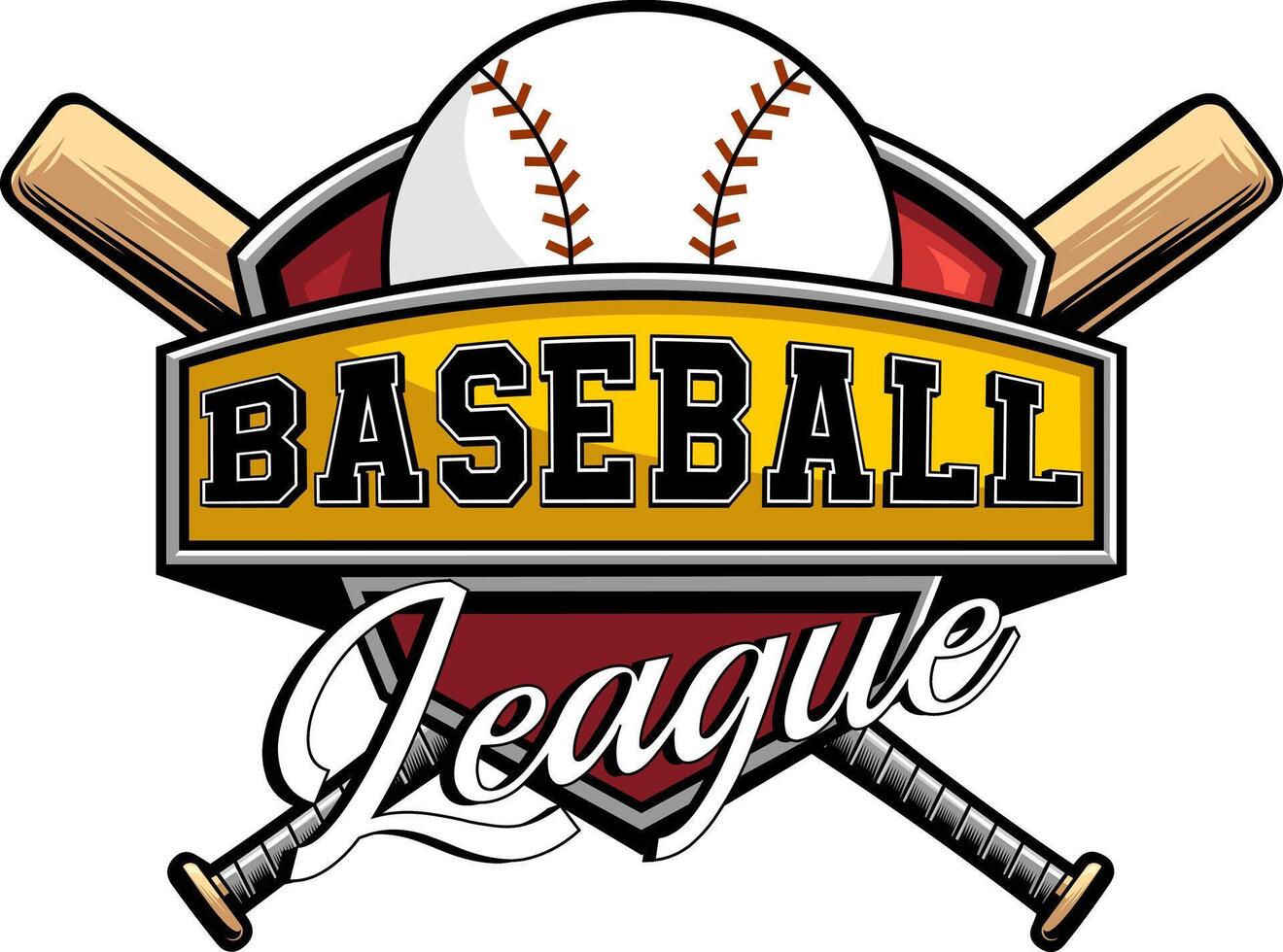 Baseball League Logo With Bat, Ball And Shield In Retro Style vector