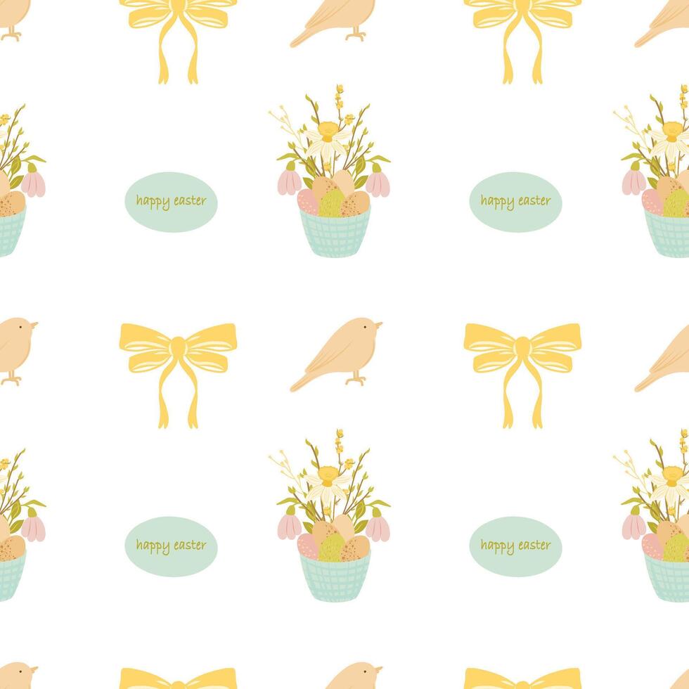 Happy easter seamless pattern, pattern with basket full of eggs and flowers, bird and a tied bow vector