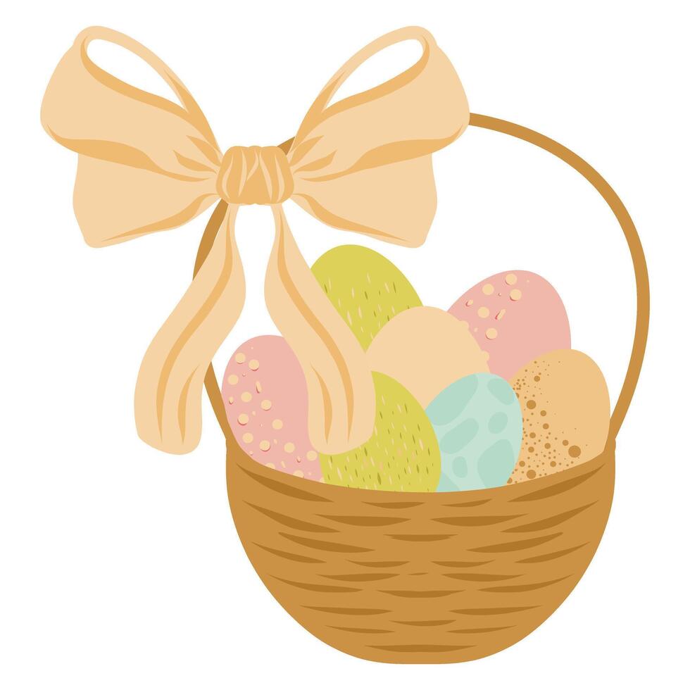 Basket full of colorful easter eggs with a bow tie, illustration vector