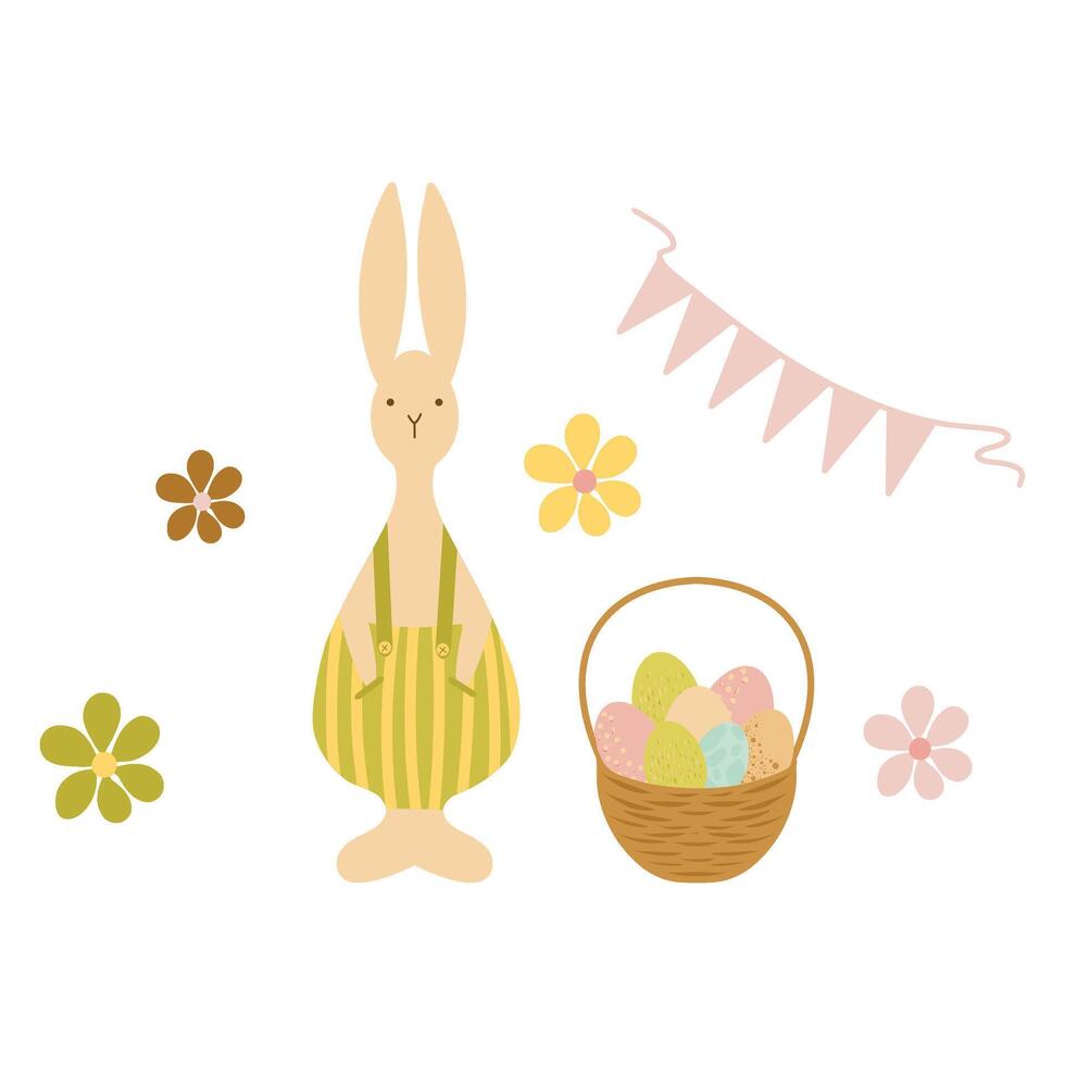 Easter Bunny wearing pants with suspenders, a hamper and easter eggs, rabbit with a basket, illustration vector