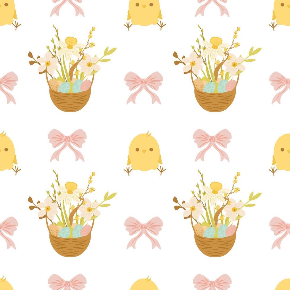 Happy easter seamless pattern, pattern with basket full of eggs and flowers, chick, tied bow vector