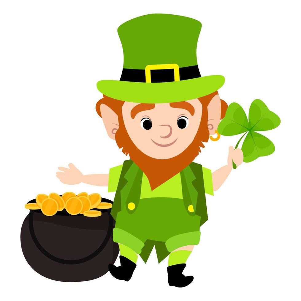 Funny leprechaun with a cauldron of gold coins and a shamrock vector