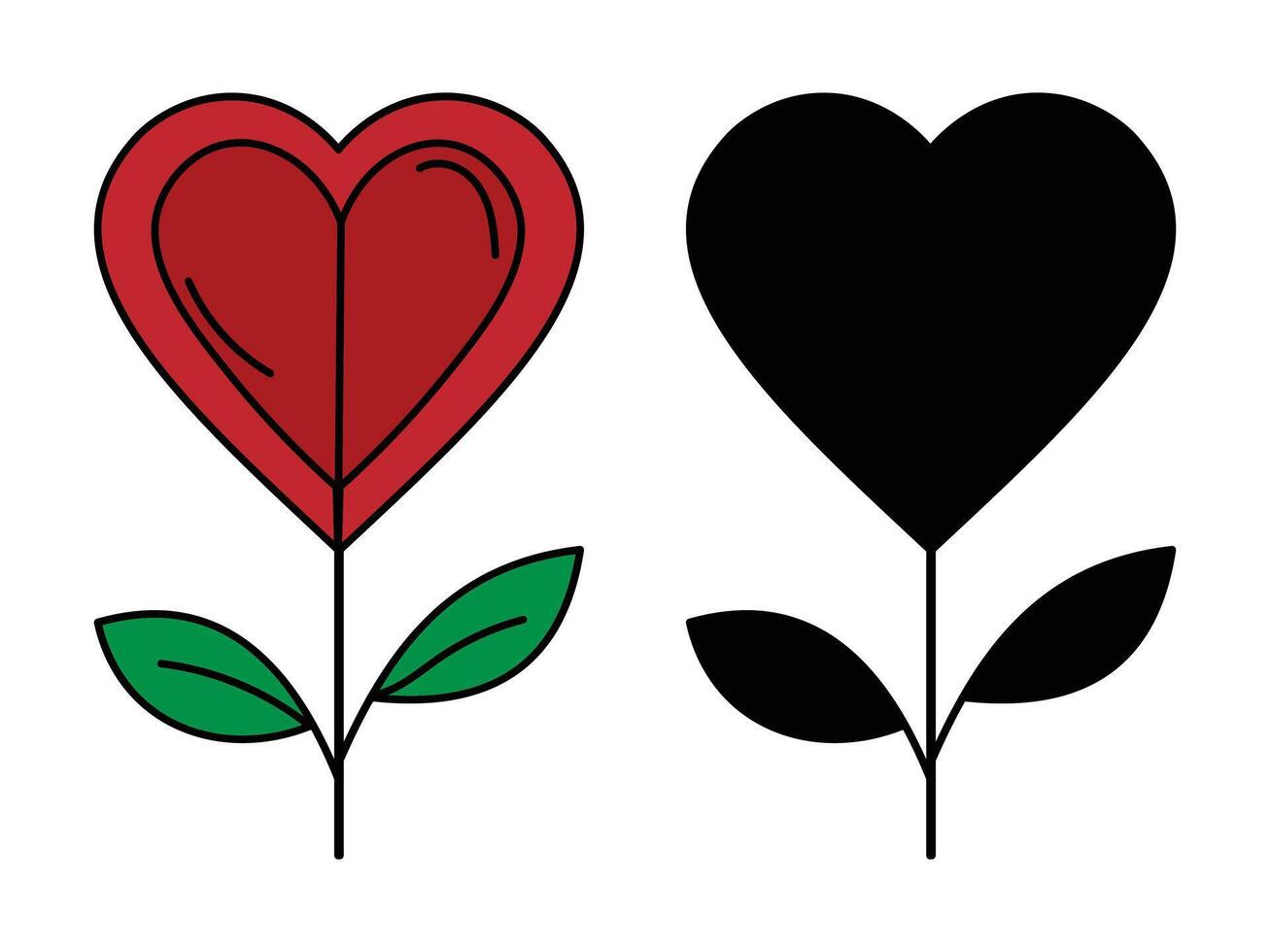 A Pair of Stylized Heart Flowers, One Red with Black Outline and One Solid Black, Each with Green Leaves on a White Background vector