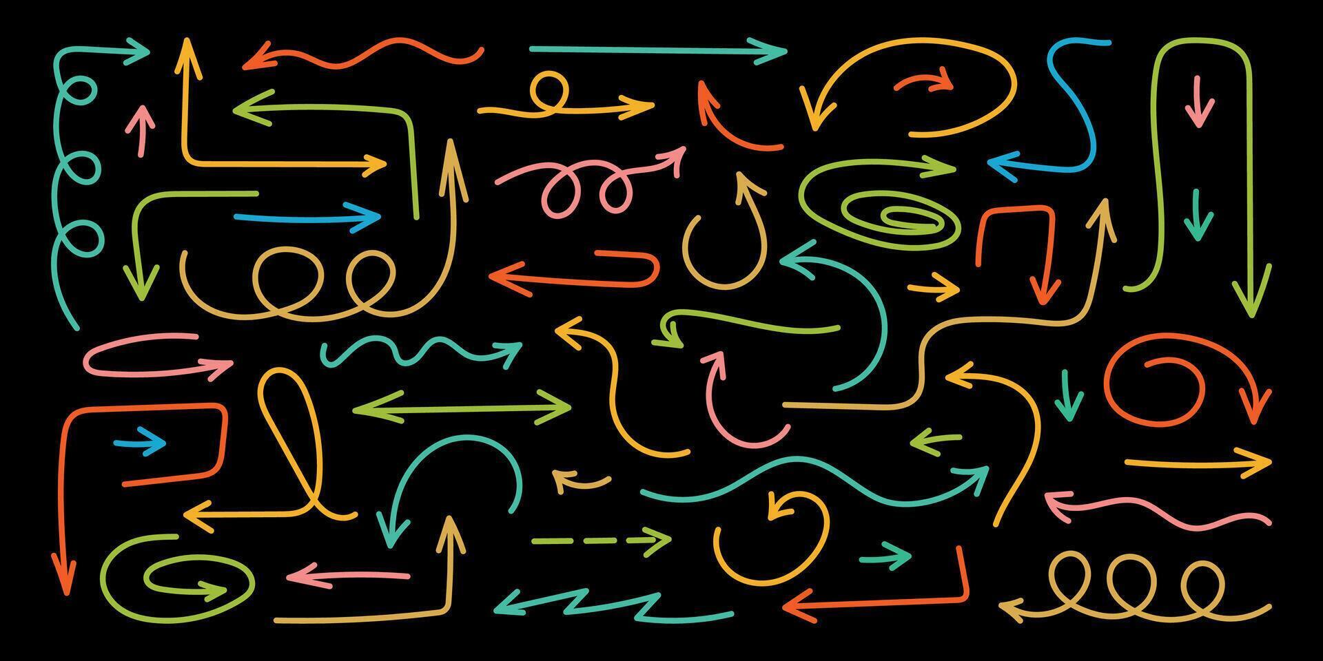 Squiggly color arrow set. Doodle movement spiral lines. Pencil brush arrows for icon, sketch, highlight. Hand drawn childish strokes, flat elements. Isolated illustration on black background vector