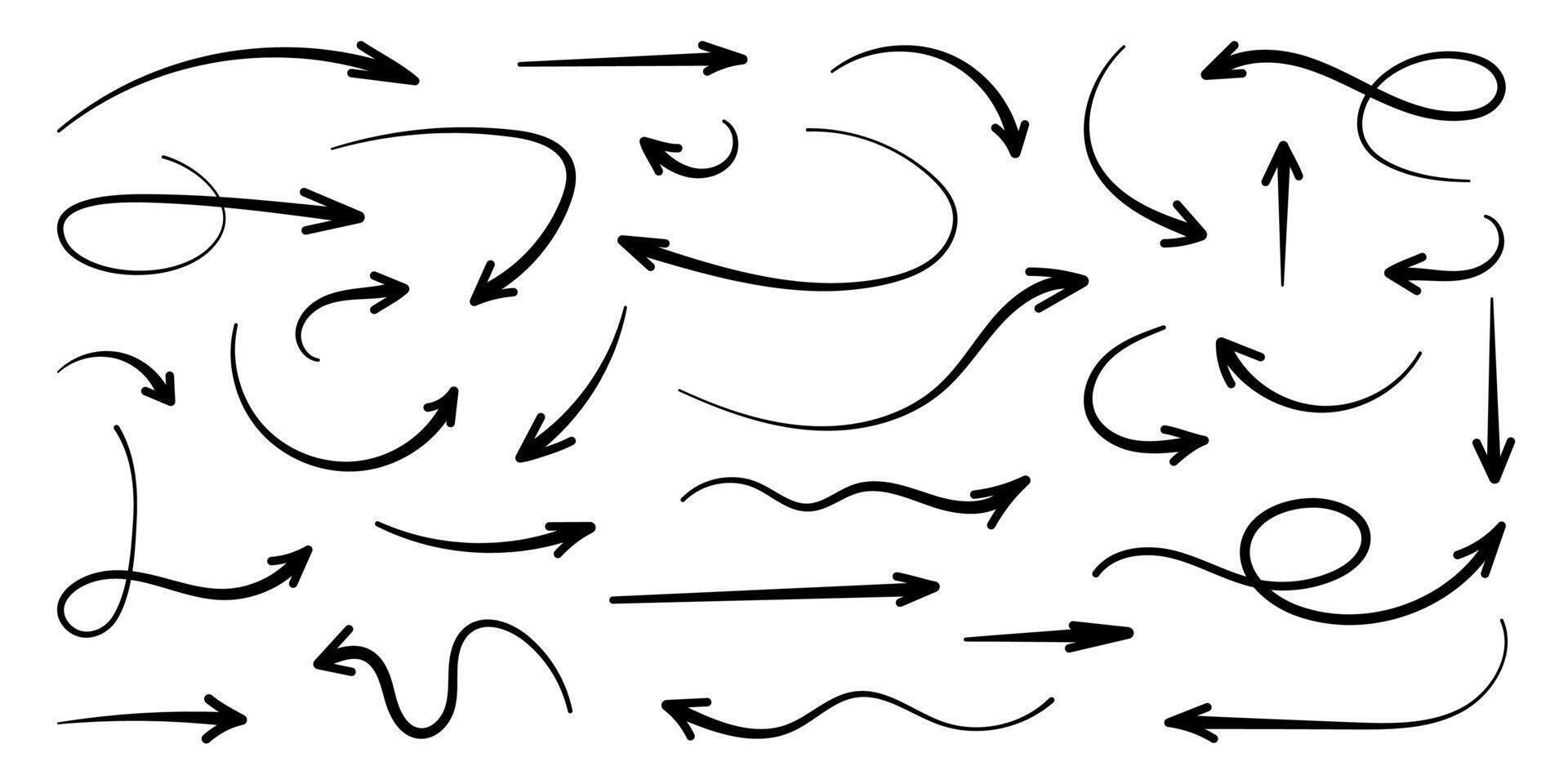 Squiggly color arrow set. Movement spiral lines. Hand drawn pencil brush arrows for icon, sketch, texture. Doodle Childish strokes, flat elements. Isolated illustration on black background. vector