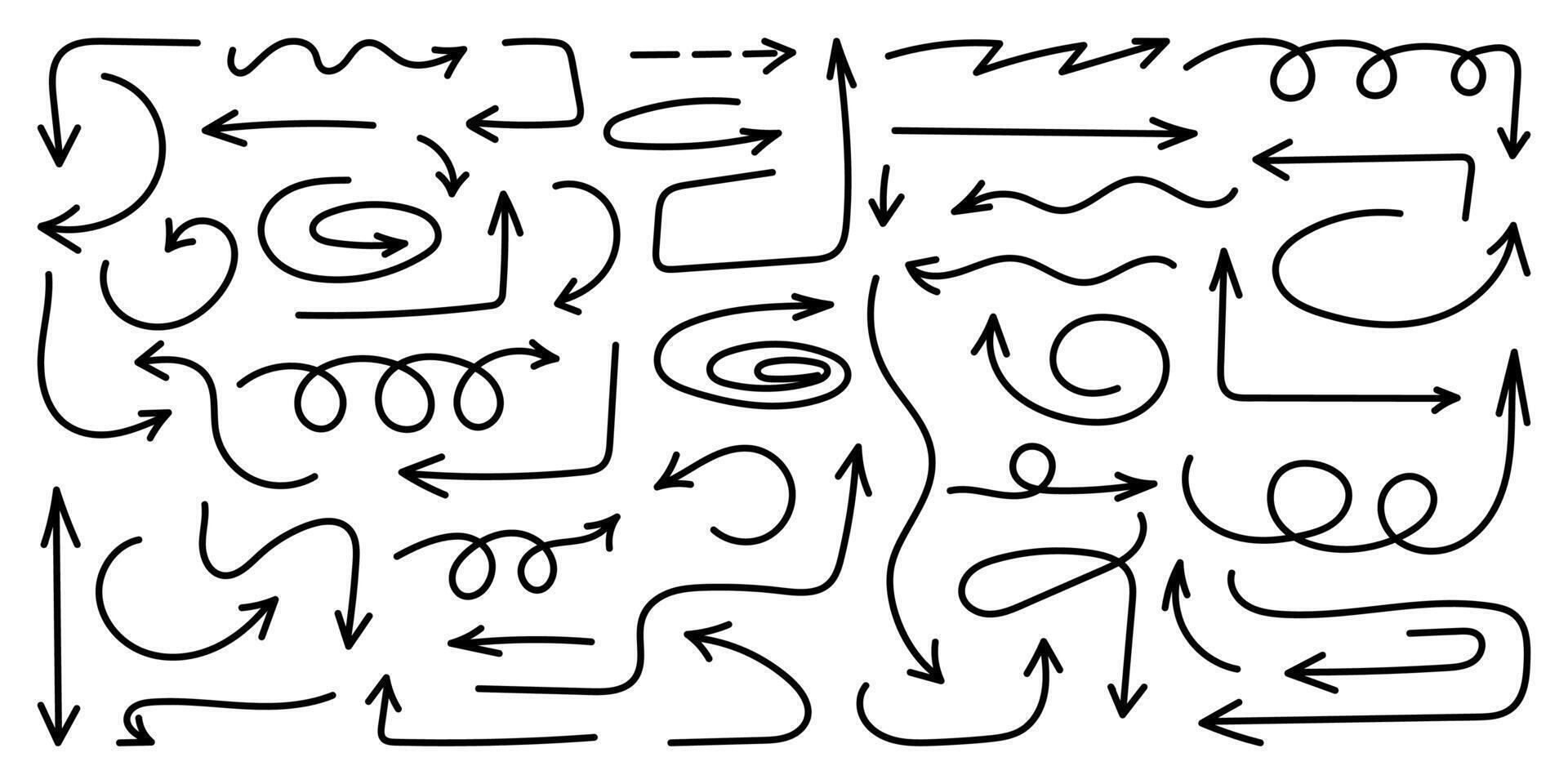 Squiggly black arrow set. Doodle movement spiral lines. Pencil brush arrows for icon, sketch, texture, highlight. Hand drawn childish strokes, flat elements. illustration on white background vector