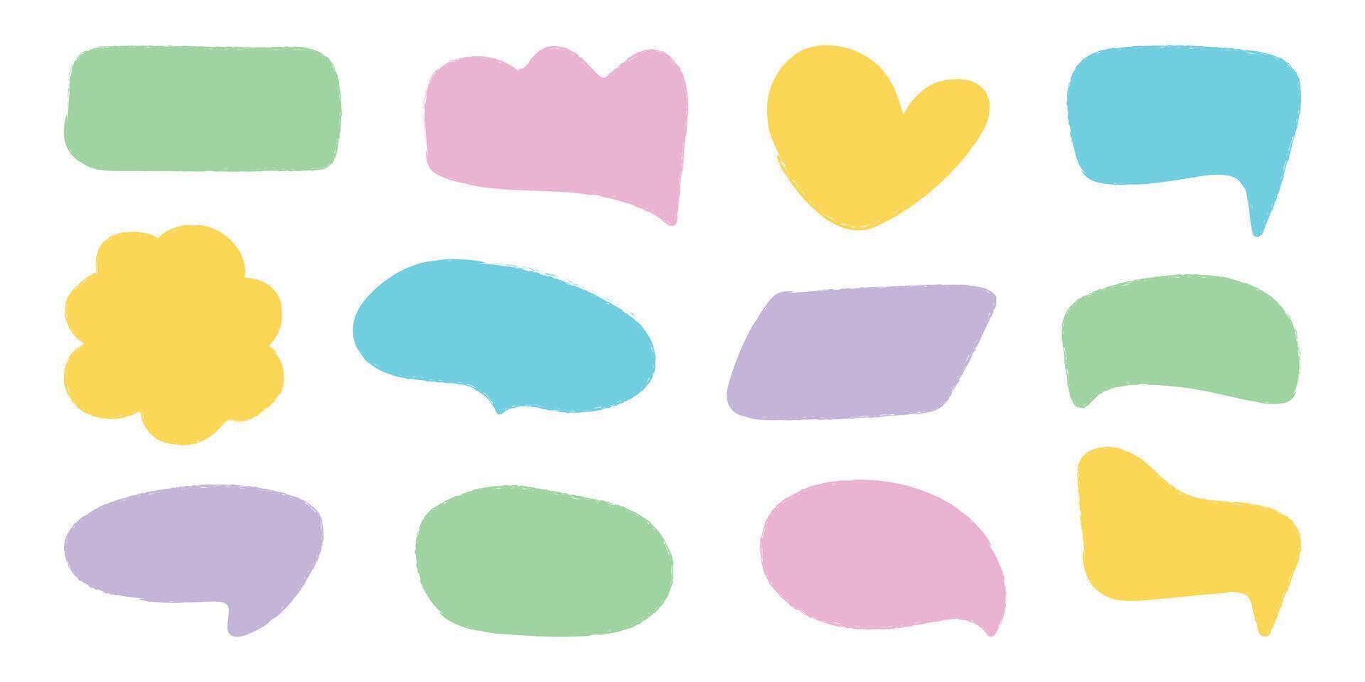 Crayon speech bubbles in trendy doodle style. Color chalk balloons set for chat, text, dialog icon. Hand drawn child frames, talk box, cloud. Isolated illustra vector
