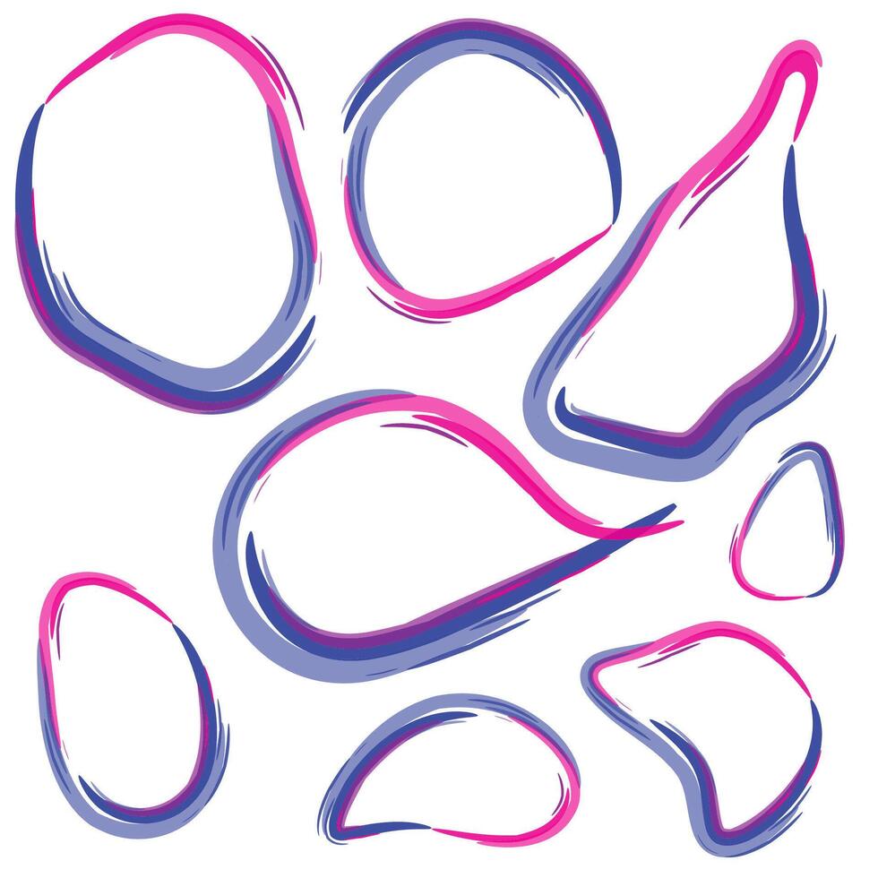 Brushstroke outlines creating blob shapes. Irregular shapes. Pink and purple hues. White background. Hand-drawn style. Rough edges. Varied sizes. Isolated elements. Playful design. Modern art. vector