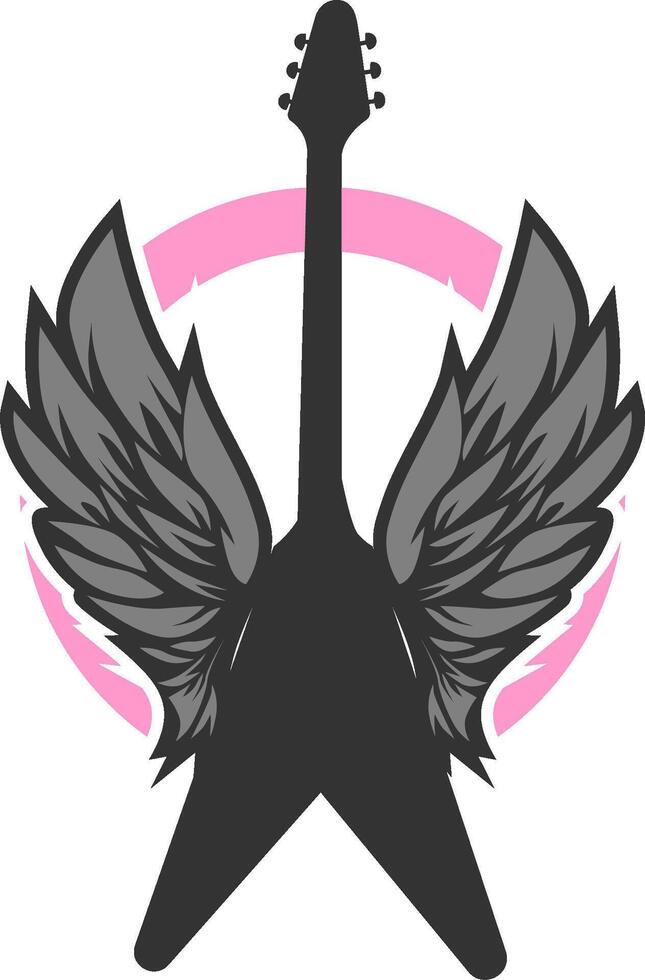 Black electric guitar with wings and a pink circle is a unique and creative design suitable for musicthemed graphics and merchandise. vector