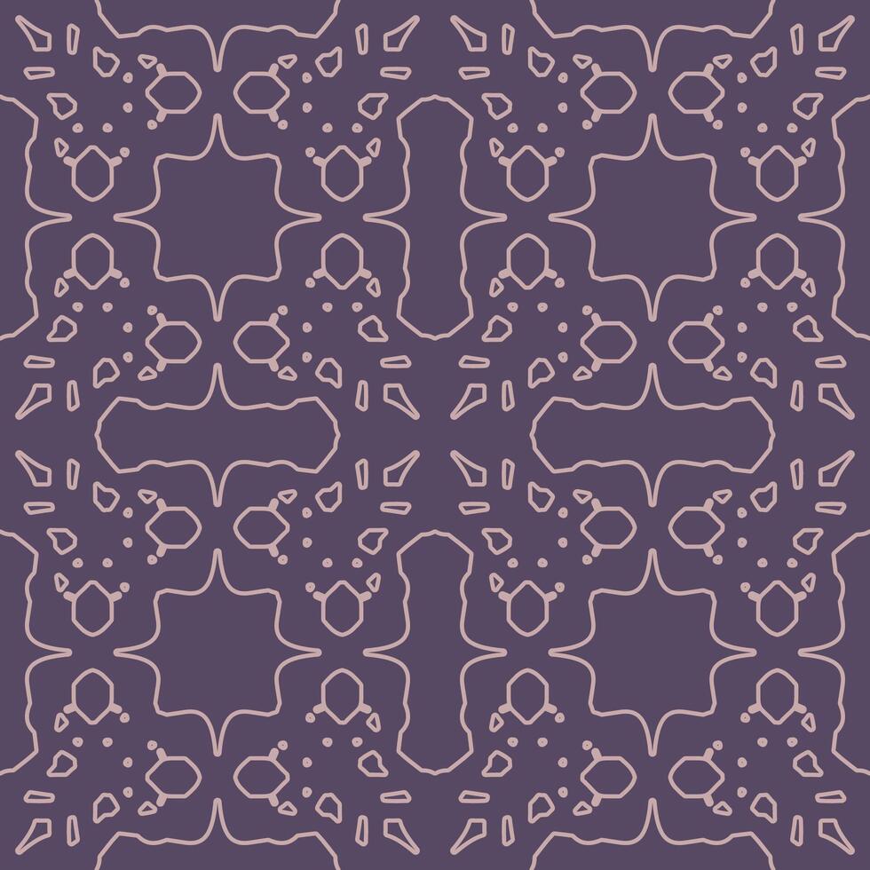 Repeating ornate pattern. Dark purple background. Light pink outlines. Symmetrical design. Intricate details. Vintage aesthetic. Decorative art. Textile design. Seamless arabic pattern. Modern style. vector
