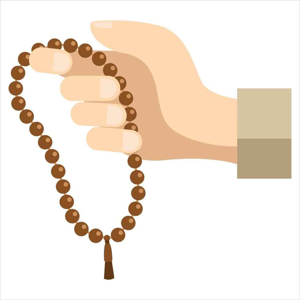 Hand holding a brown prayer beads called a rosary vector