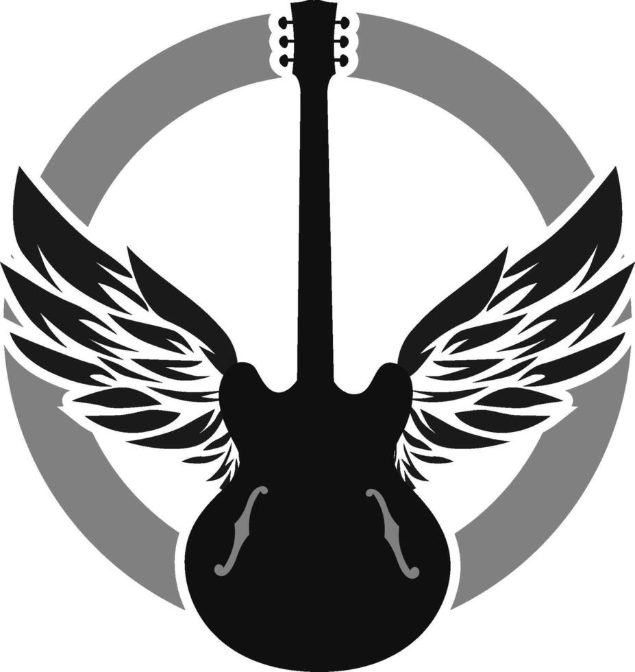 Black guitar silhouette with wings in a gray circle, perfect for musicthemed designs, logos, posters, or merchandise for rock bands. vector