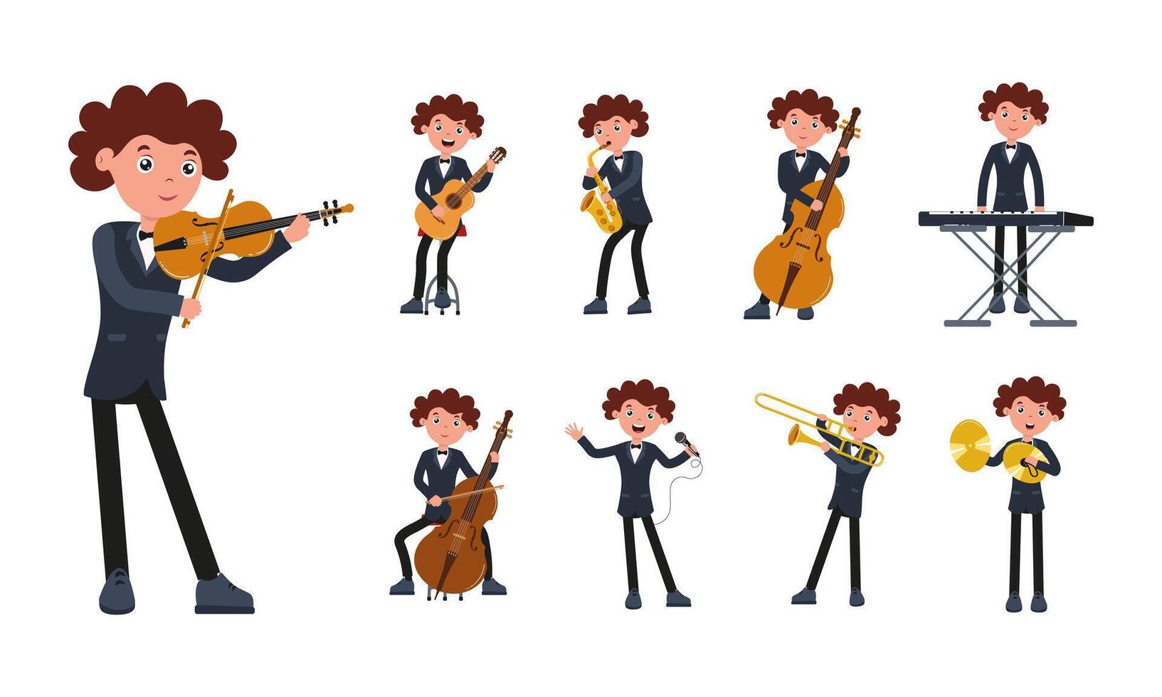 Cheerful cartoon musician playing various instruments in a lively performance vector