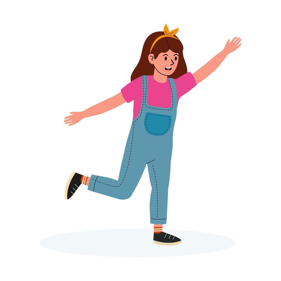 Young girl joyfully dancing in playful outfit with cheerful expression indoors vector