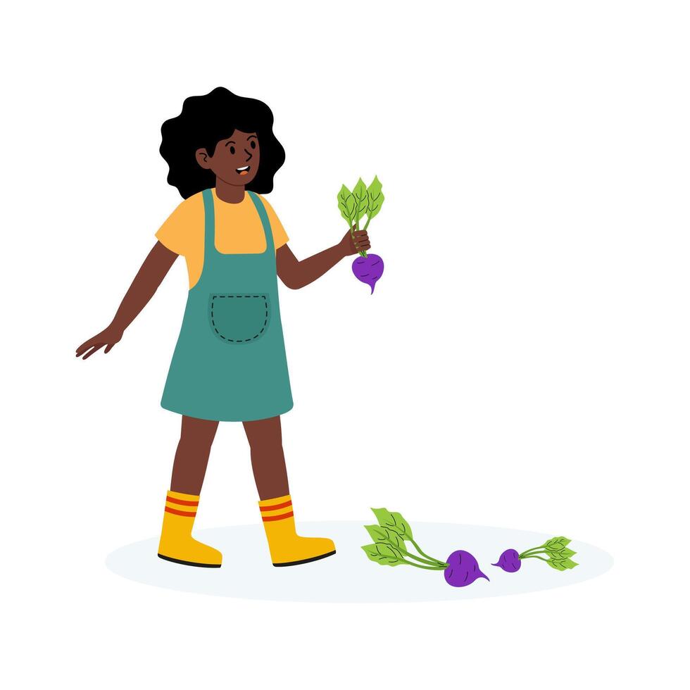 Child harvesting radishes in a garden during a sunny day vector