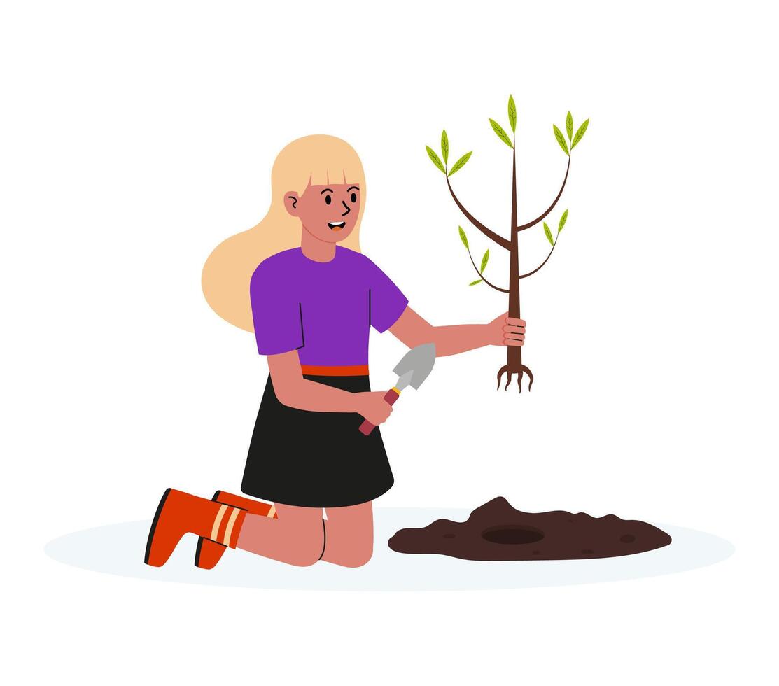 Girl planting a young tree in the soil during a gardening activity vector