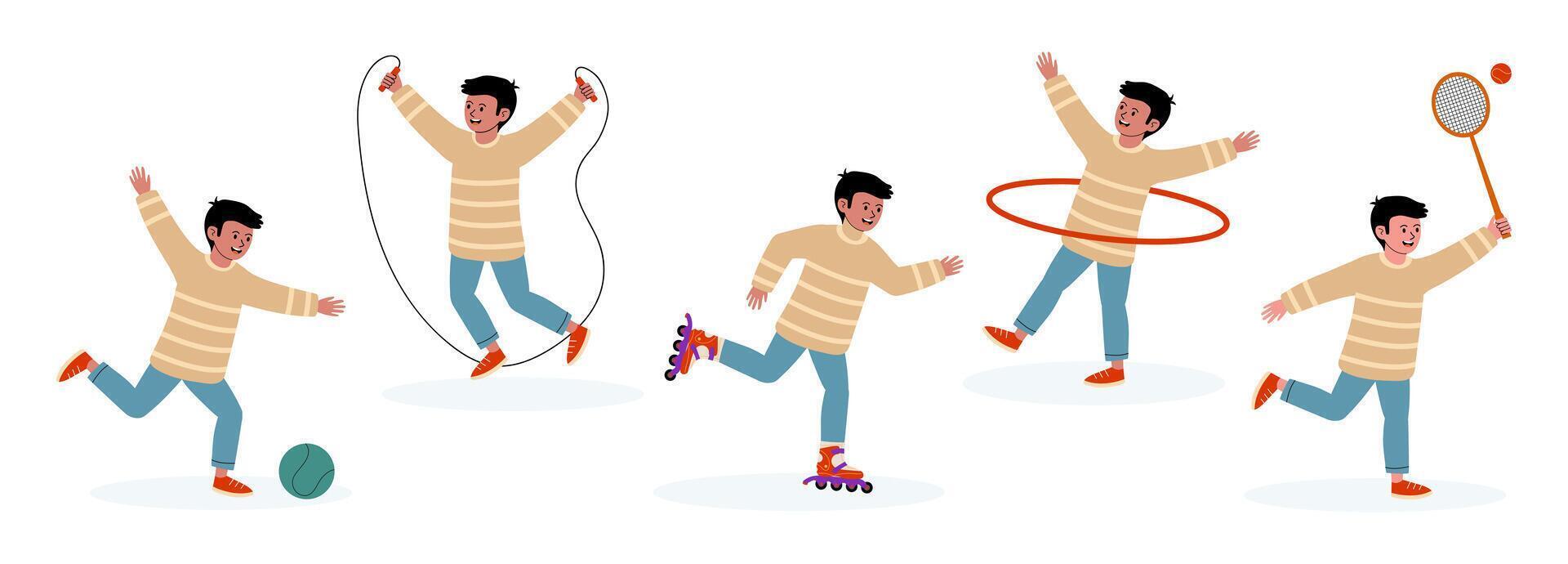 Child engaging in playful activities indoors including skipping, skating, and hula hooping vector