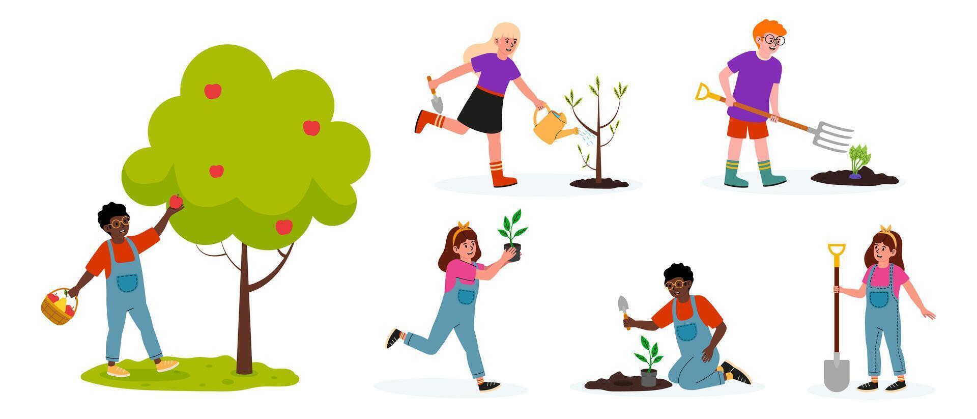 Kids enjoying gardening activities in a colorful outdoor setting during a sunny day vector