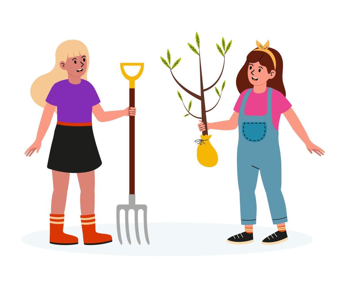 Two girls planting trees together in a cheerful garden setting vector