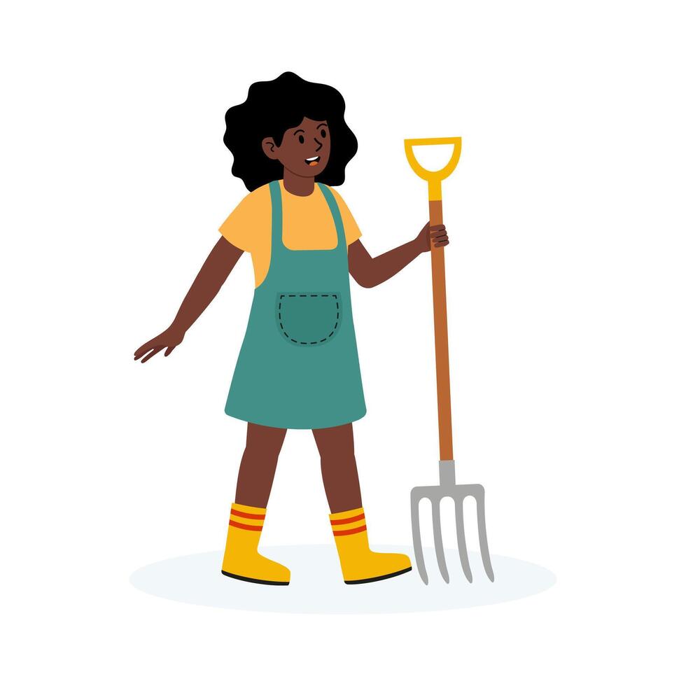 Girl with a gardening fork walking in garden during sunny day vector