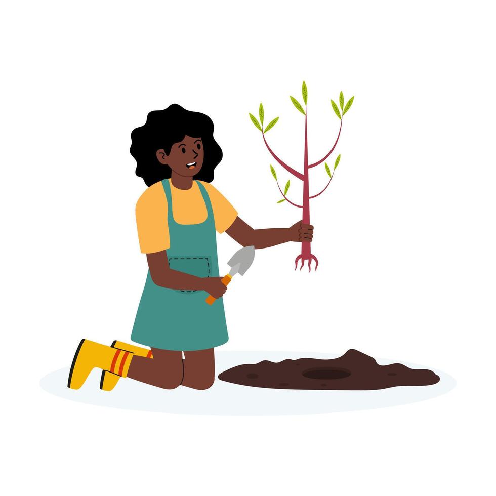Young gardener planting a tree sapling in a sunny outdoor setting vector