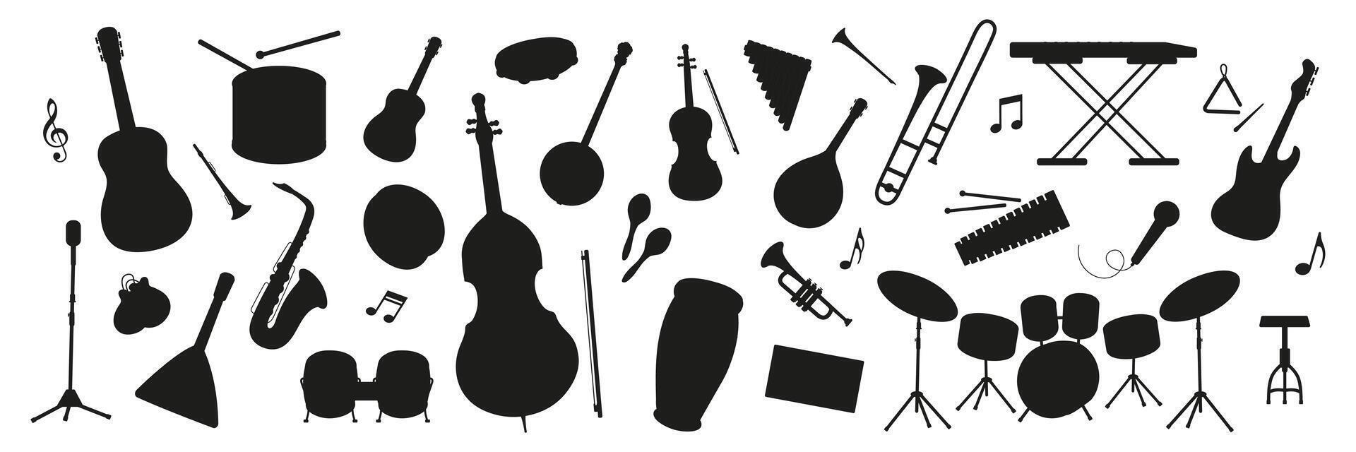 Musical instruments and notes in a creative black silhouette arrangement vector