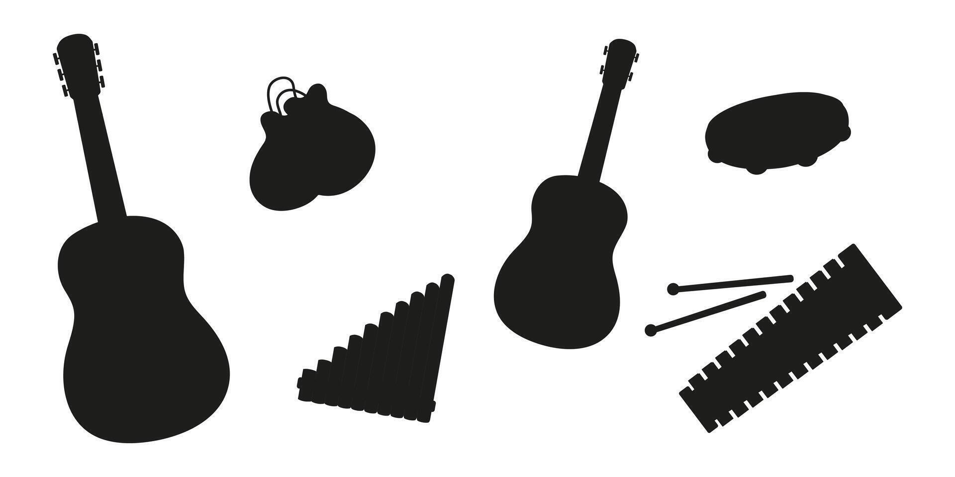 Various musical instruments arranged in artistic silhouettes on a white background vector
