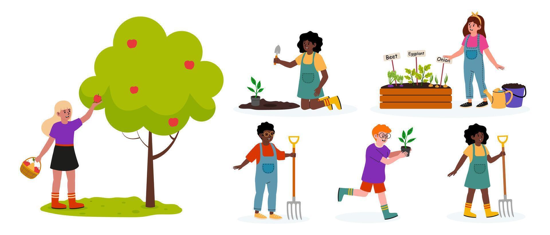 Children participate in gardening activities to learn about plants and nature vector