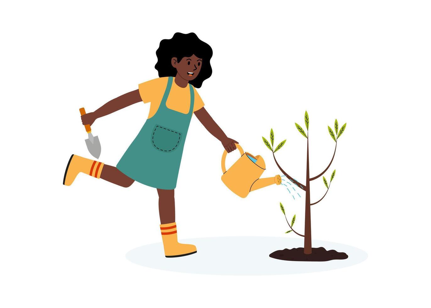 Girl tending to a young tree while watering it in a garden setting vector